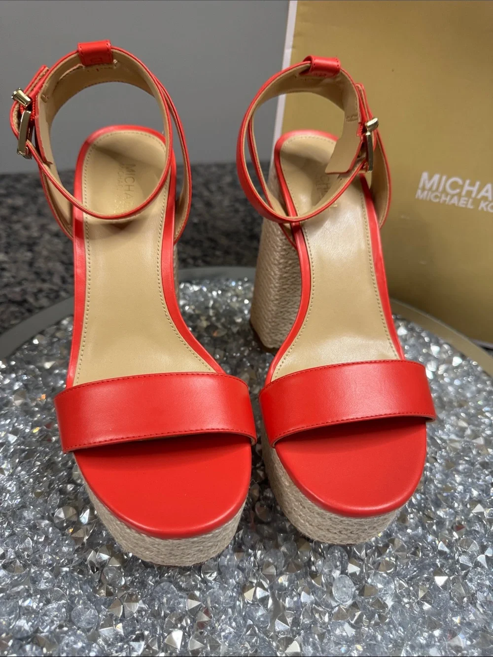 Michael Kors leather coral Red Platform Espadrille Heels with Gold Buckle logo